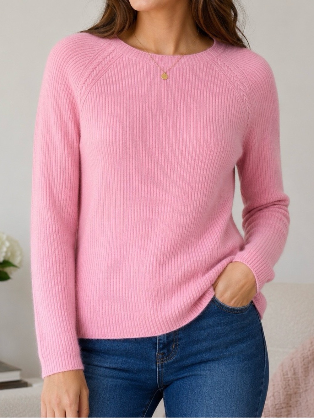 Lord & Taylor 100% Cashmere Pink Ribbed Cable Knit Sweater M EUC